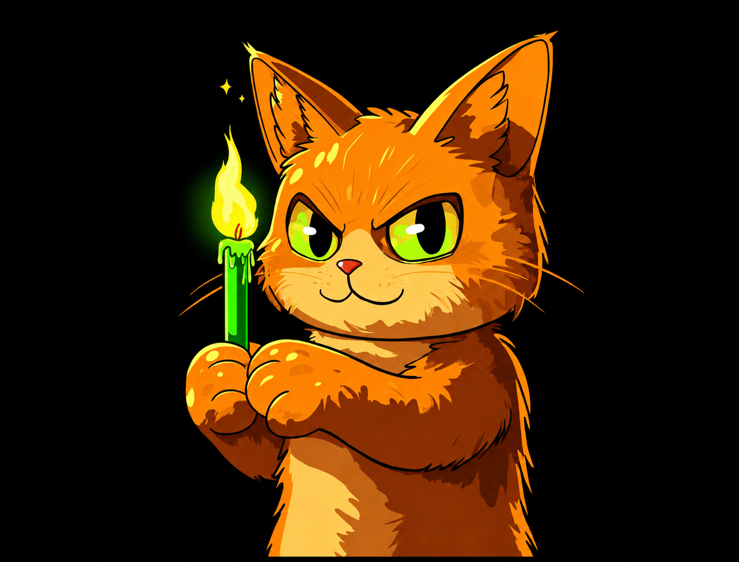 Gatito Feliz, the orange cat founder character holding a green candle