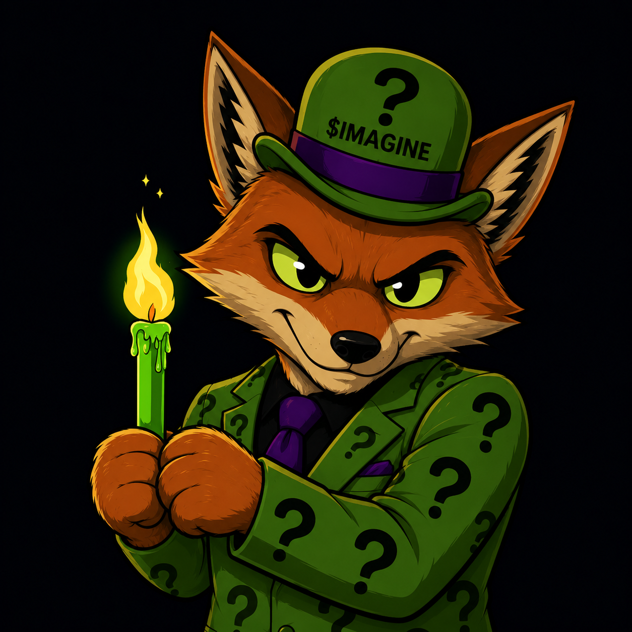 Mr. Paradox, the fox founder character holding a green candle